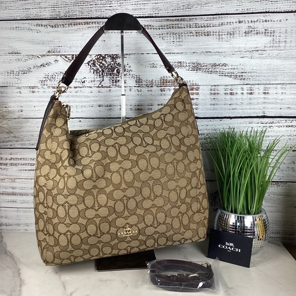 COACH HOBO BAG OUTLINE SIGNATURE CELESTE KHAKI TAN BROWN PURSE GUC - Picture 1 of 12